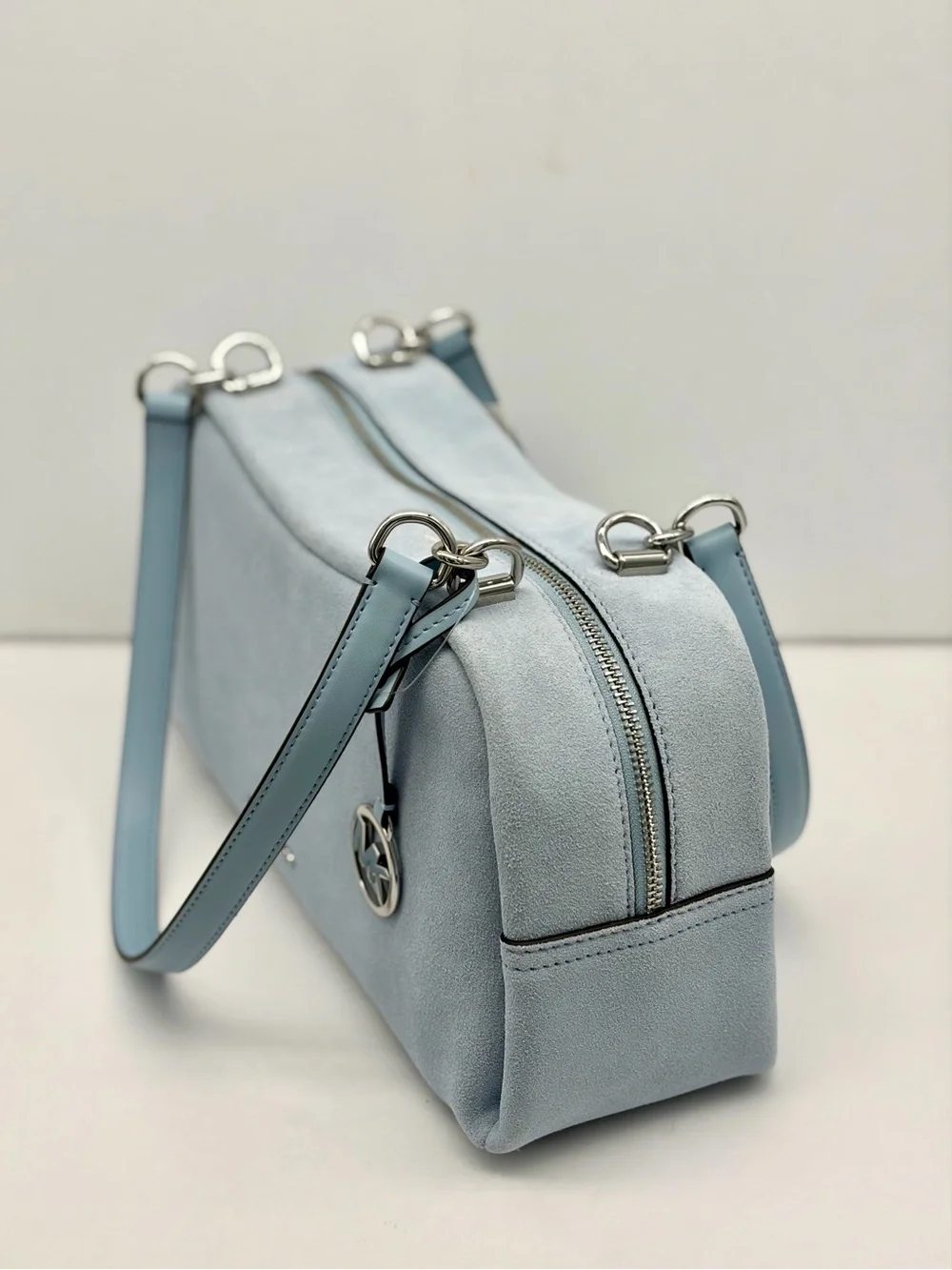 Michael Kors Cecily Light Blue Suede Shoulder Bag with MK Charm